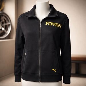 Ferrari Black Zip-Front Bomber Jacket with Yellow Logo. Size M